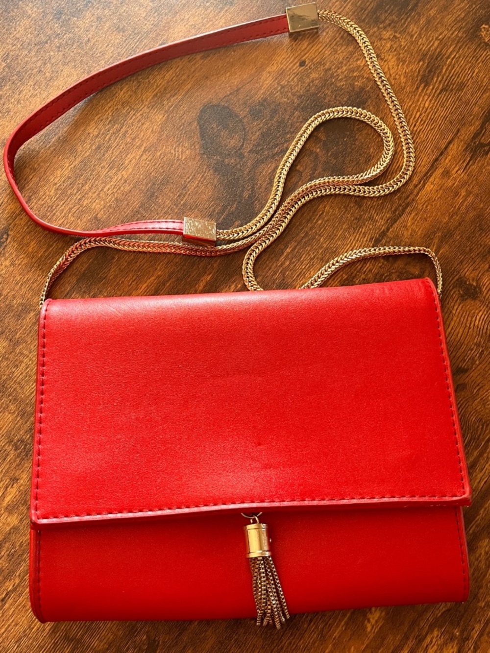 Red Crossbody Bag with Gold Chain & Tassel